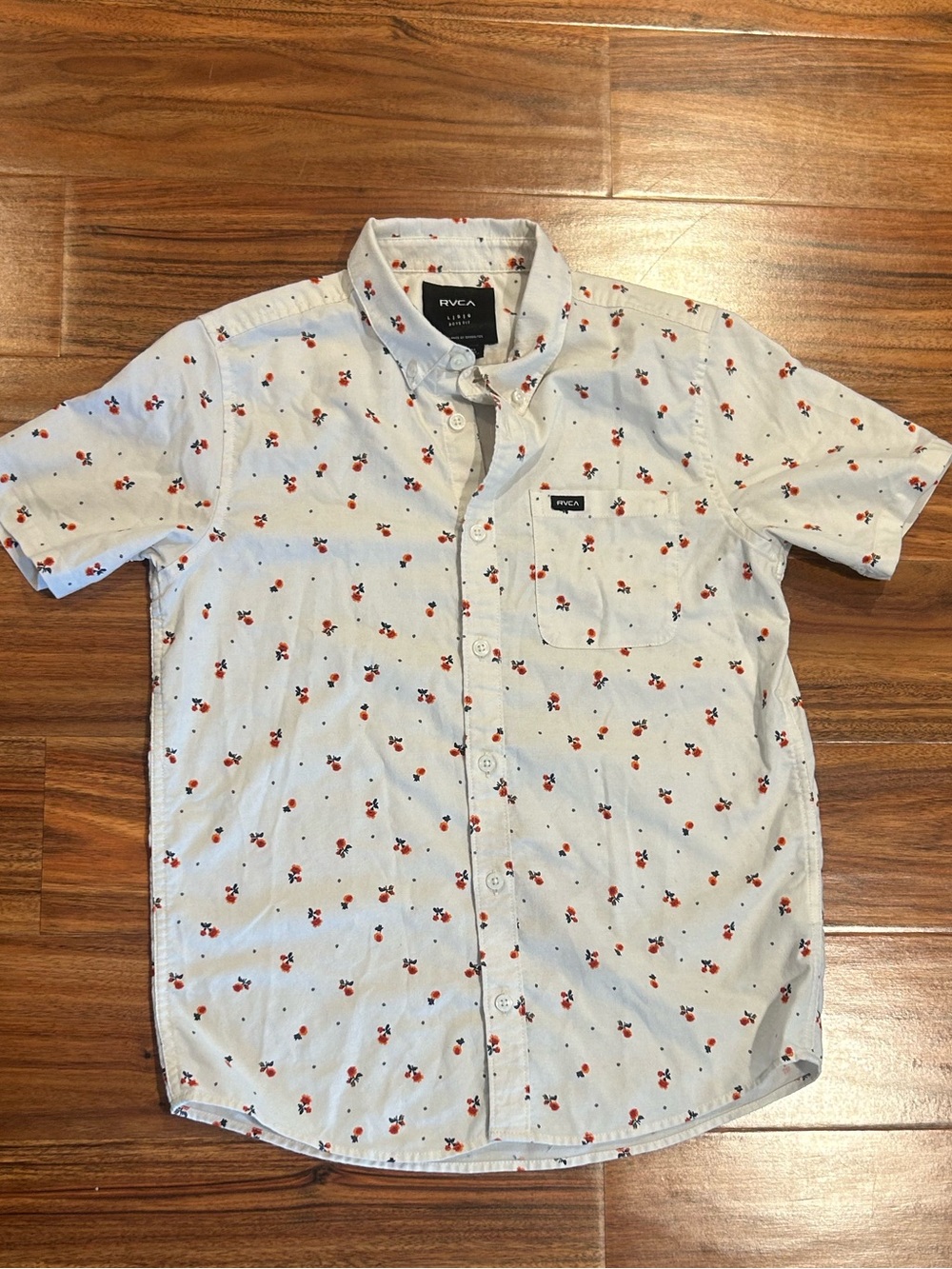 Rvca boys button down collared shirt white floral size large